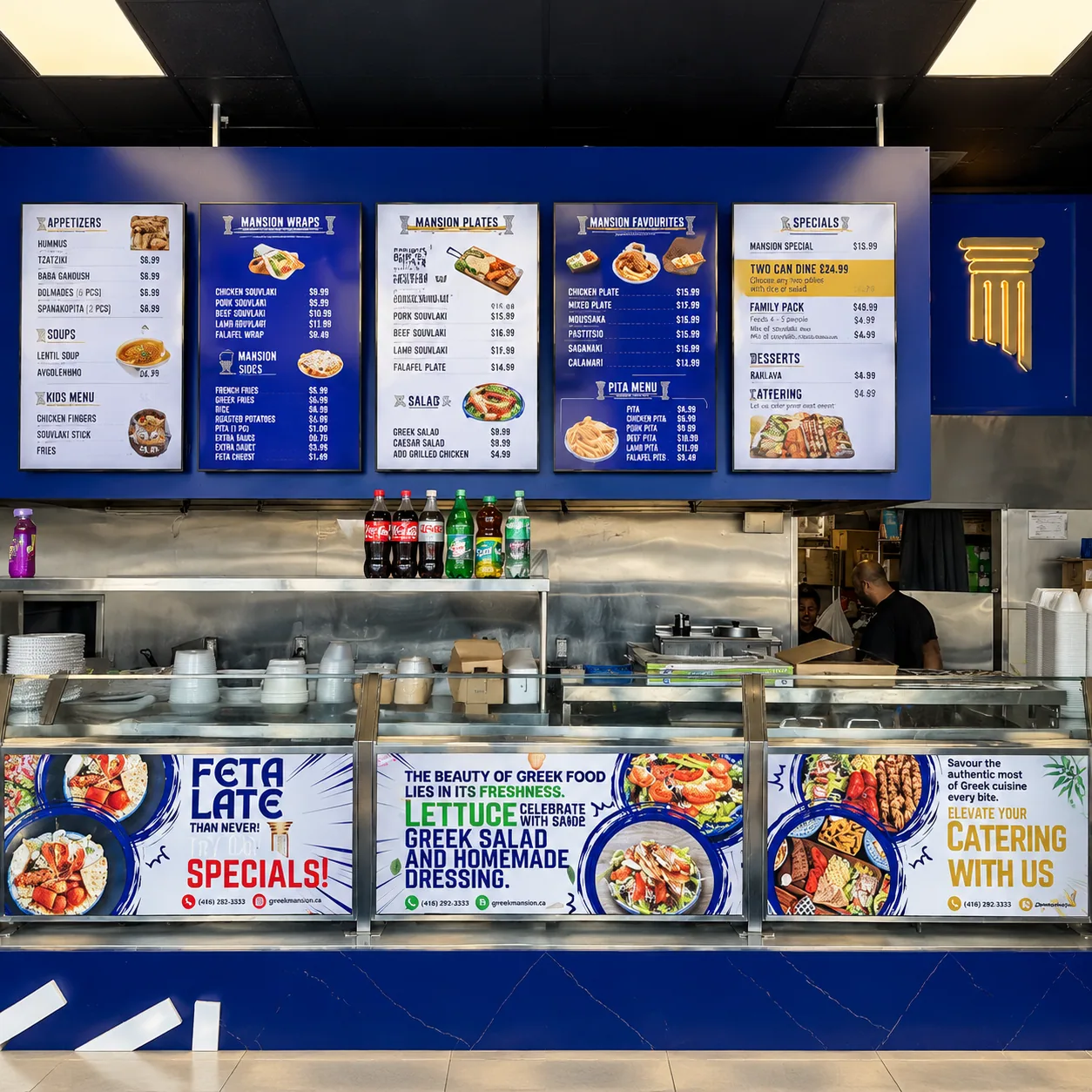 Greek Mansion counter and blue menu boards in Scarborough